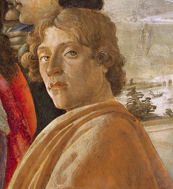 In a detail from a painting, a young man with curly brown hair looks directly at the viewer.