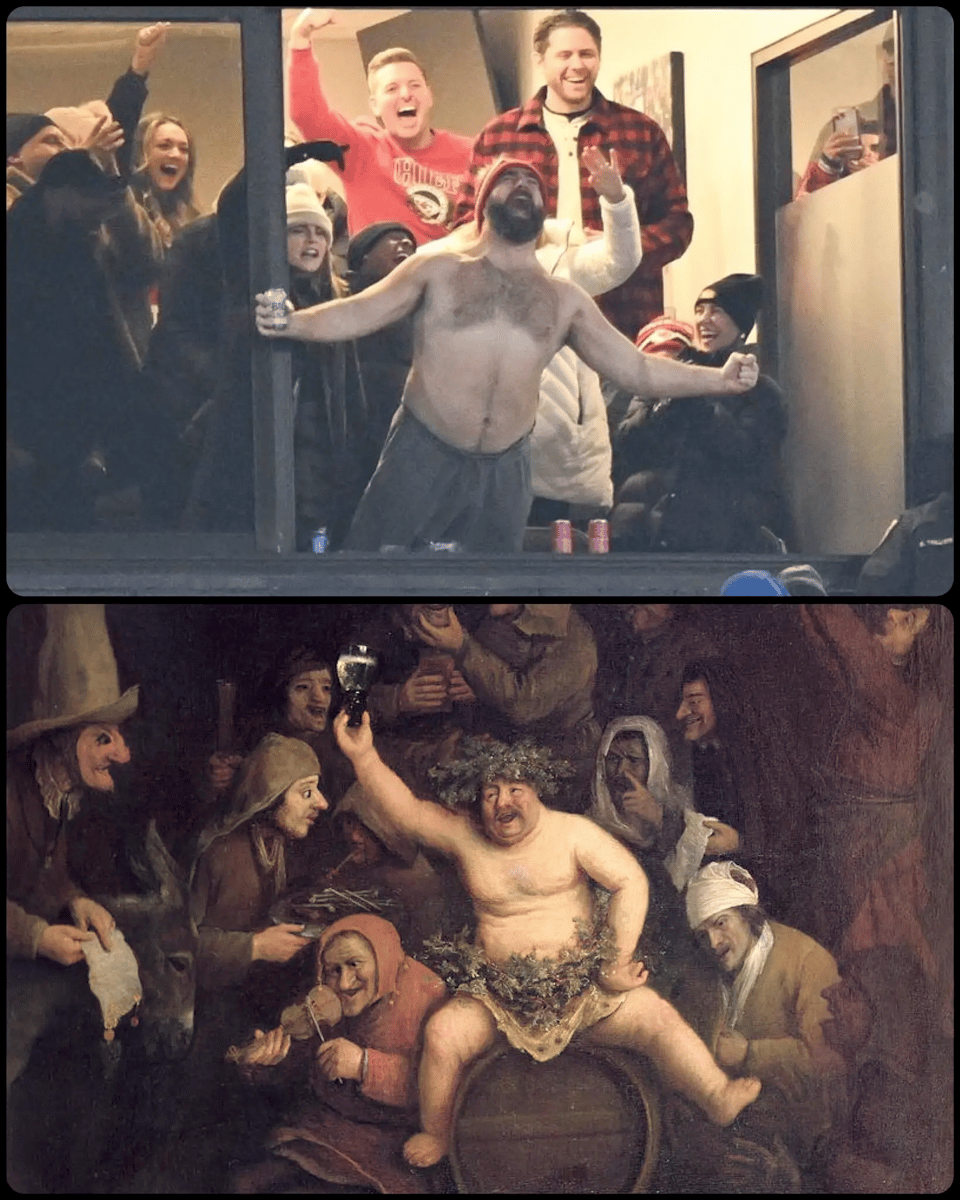 Two images paired, one of top of each other. The top one is a photo of a shirtless man, heavyset and wearing a winter cap, leaning out the window of an apartment and hollering excitedly, his arms raised sideways. Behind him are perhaps 10 people also in winter gear, yelling excitedly and smiling at him. Beneath that photo is an image of a 17th century oil painting of Bacchus, a shirtless heavyset older man sitting astride a wine keg, with one arm raised up high and a smile as he cries in enjoyment. He is surrounded by perhaps ten figures of people drinking or playing instruments. The effect is immediate: The similarity between the two images, despite being separated by hundreds of years, is instantly obvious