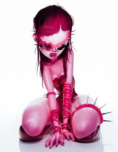A stylized 3D digital artwork of a glossy, pink-toned female figure with long dark pink hair and bangs, kneeling forward on a white background; she wears a heart-shaped mask or eyewear over her eyes, spiked accessories, and ribbed gloves on her arms, with large rounded spiked forms at her hips.