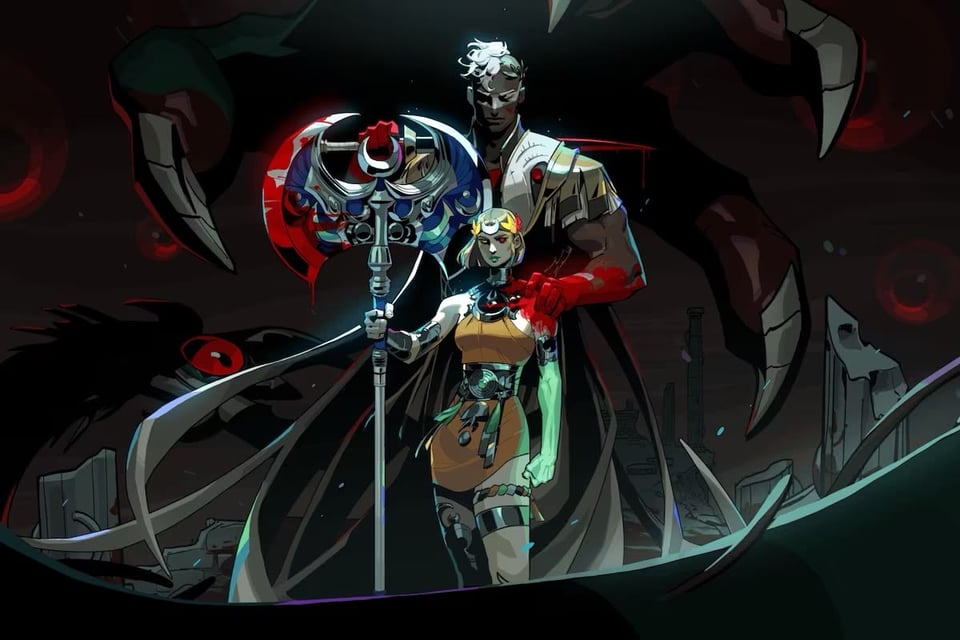 Images from Hades 2. Melinoë stands in front of someone I don't know.