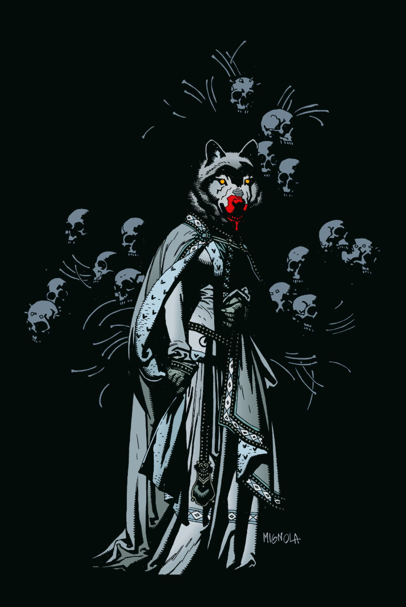 A wolf woman with bloody snout.