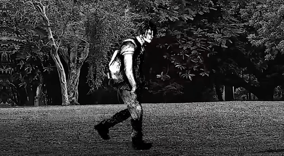 black and white illustration of a boy wearing a backpack walking alone