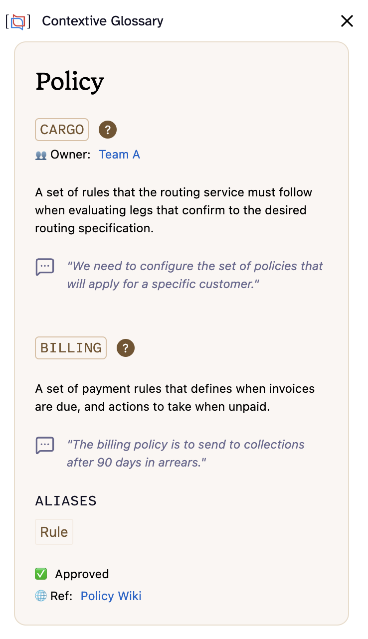 The word “Policy” in the detailed glossary view showing definitions, usage examples and aliases.