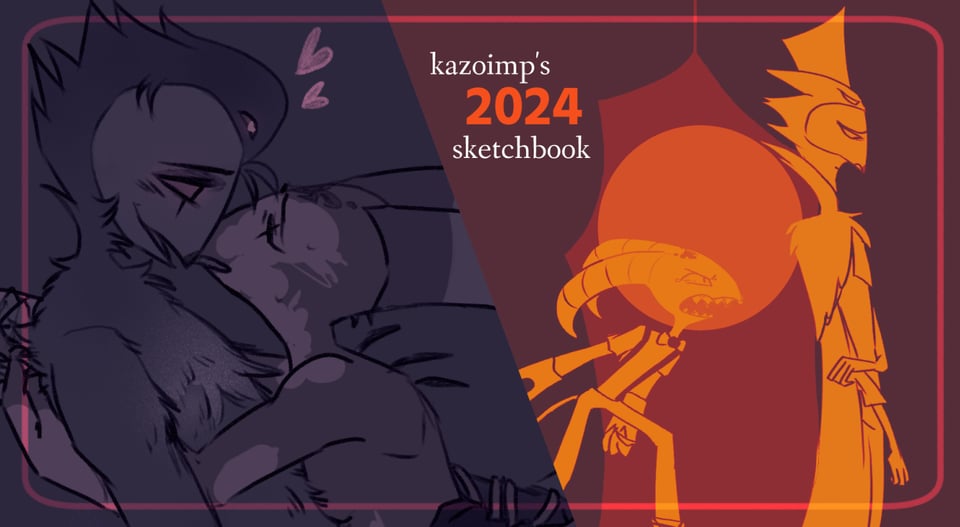 two drawings of stolas and blitz from helluva boss, one in dark purples and the other in bright oranges and reds. Text: kazoimp's 2024 sketchbook.