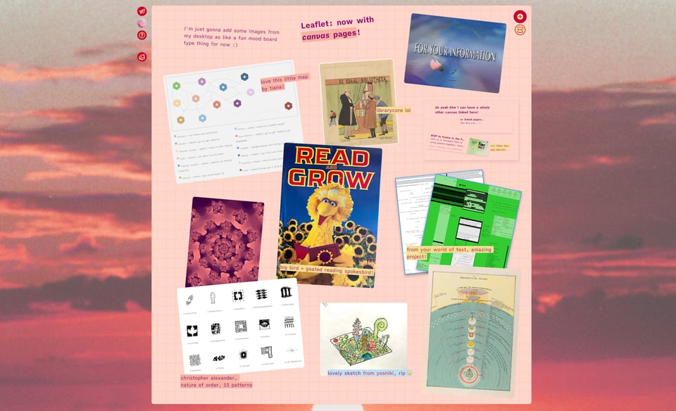 screenshot of an example canvas in Leaflet with a bunch of fun images Brendan found in his downloads folder