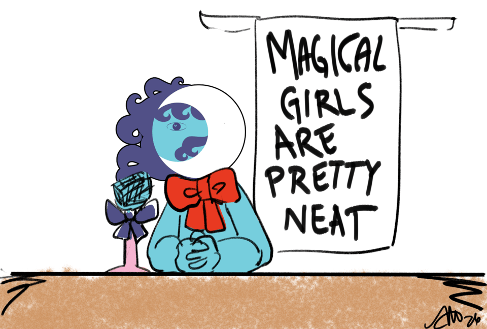 Aradia herself, as drawn by NAAN comically, is sitting at a table as if she were holding a press conference. Behind her, a flag that says MAGICAL GIRLS ARE PRETTY NEAT and in front of her, a magical mic. She also has on a big red bow around her neck.