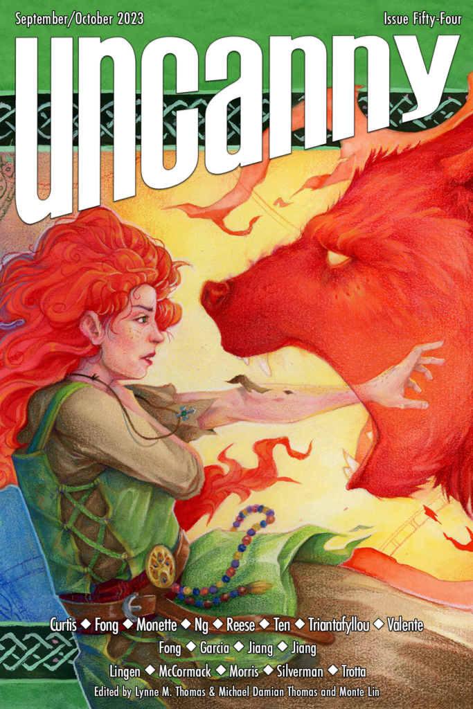 The cover of Uncanny Magazine. In a beautiful, dramatic painting by Grace P. Fong, a red-haired white woman is either sticking her arm into or pulling it out of the open mouth of a red-haired bear. 