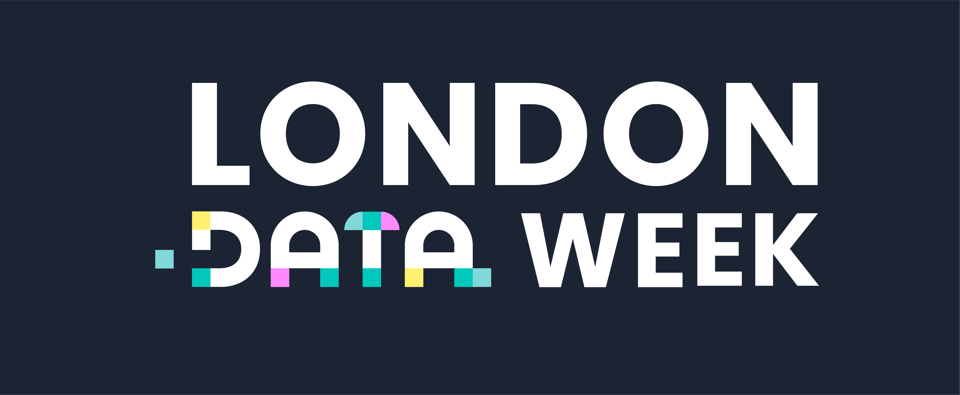 Alt: London Data Week, text on a dark blue background with Data pixelized in multiple colors, like a pixelated image