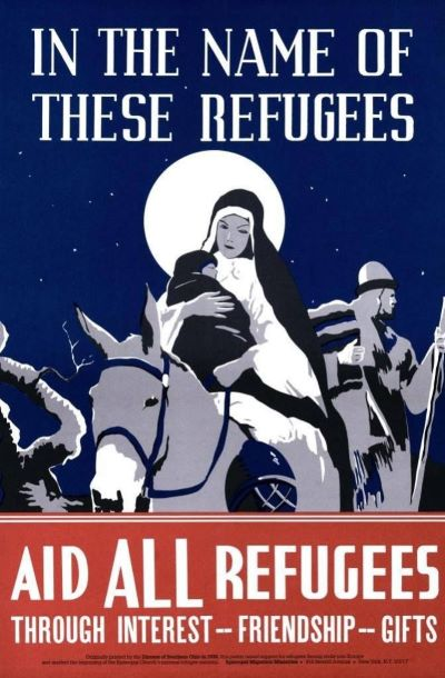 woman on donkey holding baby, cloaked man behind, full moon evoking a saint's halo. The text reads: "In the name of these refugees aid all refugees"