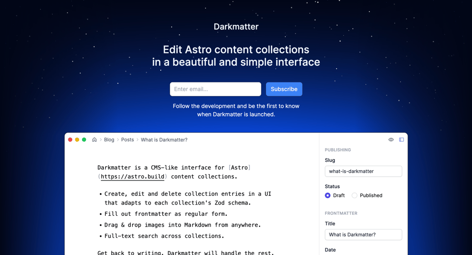 screenshot of the darkmatter app with a Markdown editor on the left and frontmatter editor on the right
