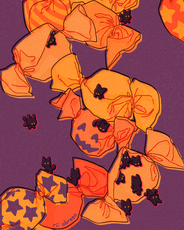 An illustration of orange-wrapped Halloween candies with purple accents. There are also little black cats coming out of some of them