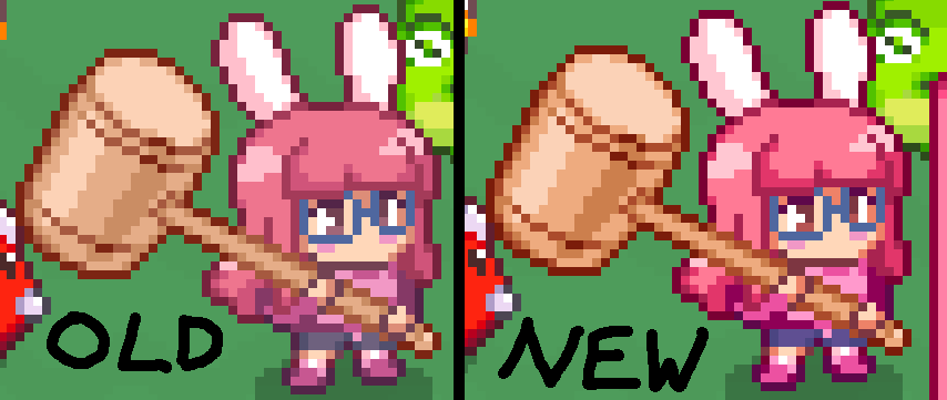 comparison between two images of a pink bunny girl with a hammer. the newer of the two images has a brighter color scheme