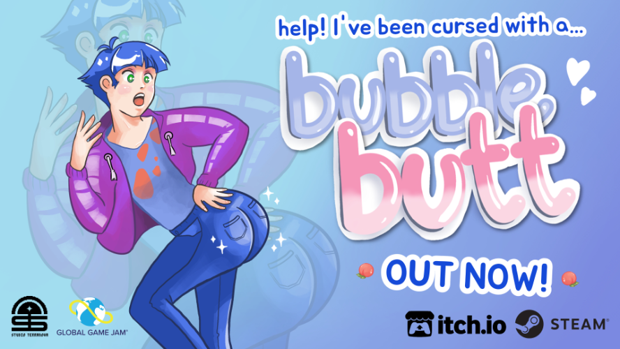 A bootylicious nonbinary protagonist looking surprised. Text says Bubble Butt.