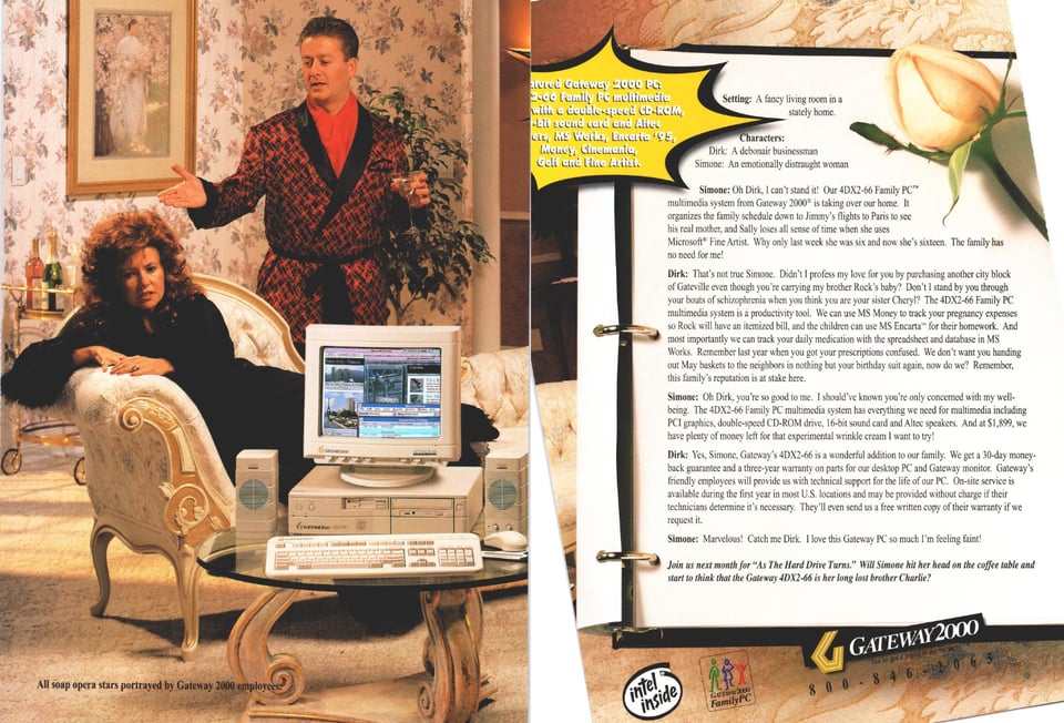 On the right side of the advertisement is a mock dialogue for the staged scene on the left side of the ad: a man and woman are in a wealthy living room. The man is wearing a smoking jacket and holding a drink while looking judgmentally at a woman looking stressed while lounging on an expensive sofa.