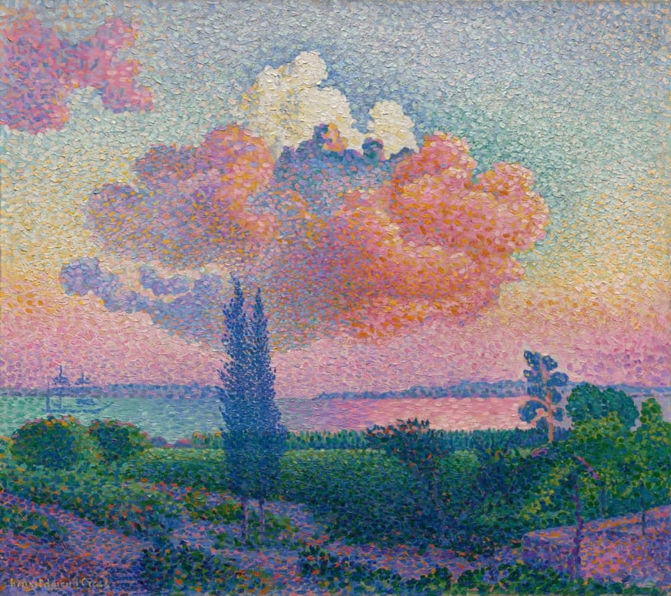 A pointillist landscape painting, of a towering spectacle of pink, blue, white and orange clouds over a manicured garden at sunset. In the distance, a ship on a bay, the water stretching almost all the way to the horizon.