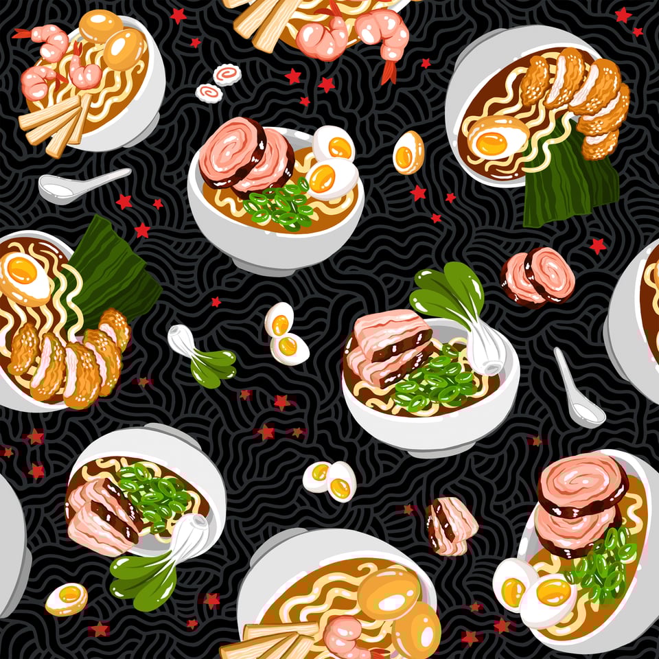 a seamless pattern of ramen bowls on a black noodley background
