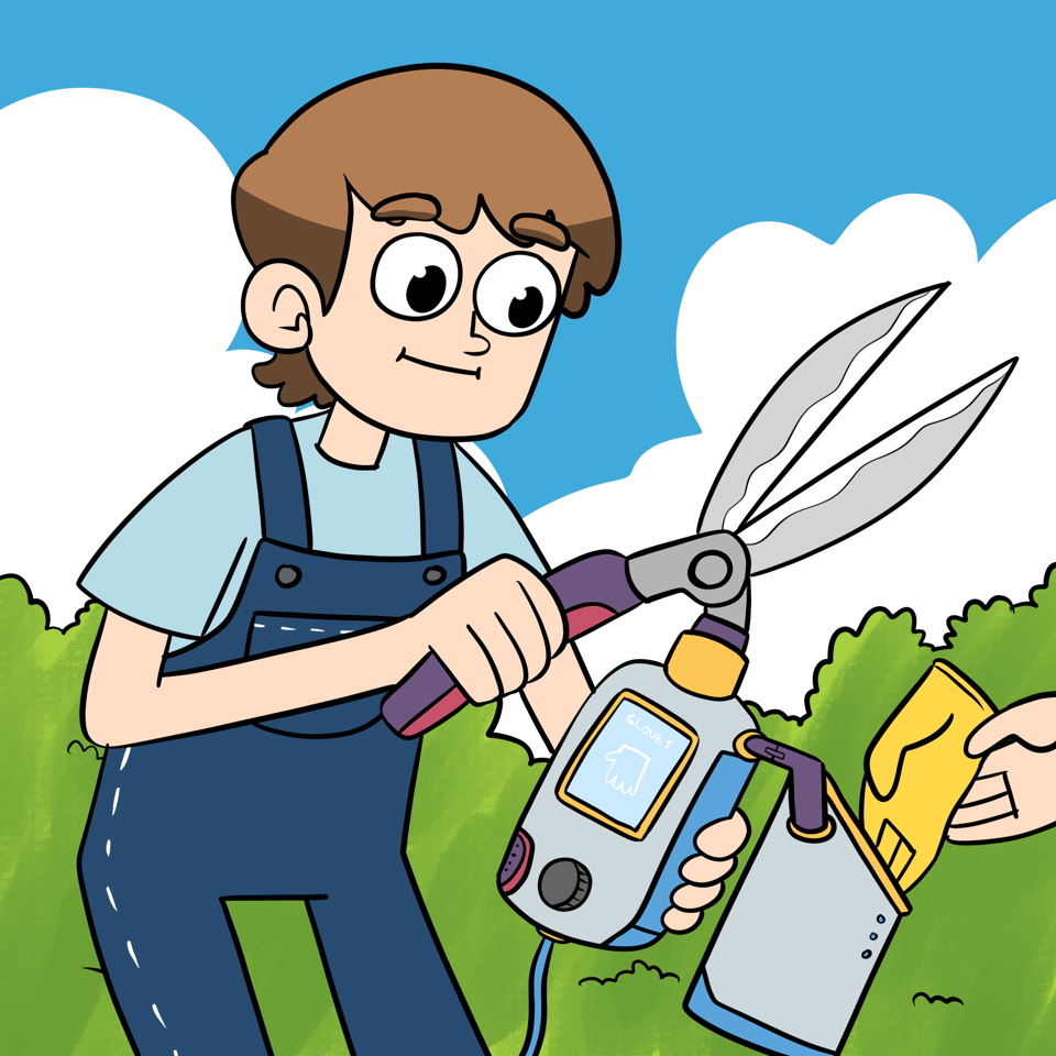 A man is standing in front of a hedge holiding a pair of garden sheers with a control attachment leading to a cleaning area. Somebody is putting a pair of gloves into the cleaning area.