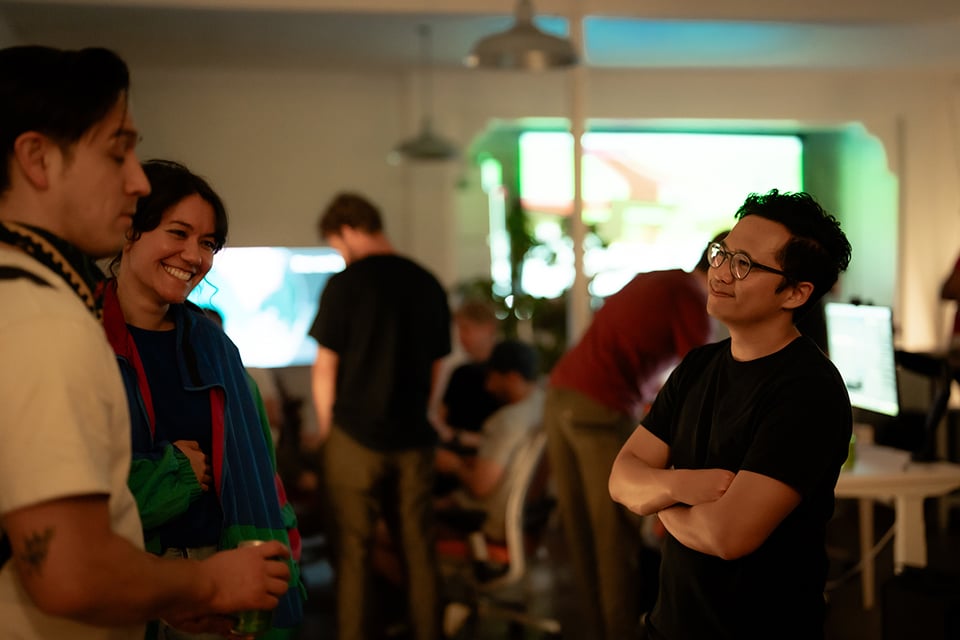 A group of people chatting.