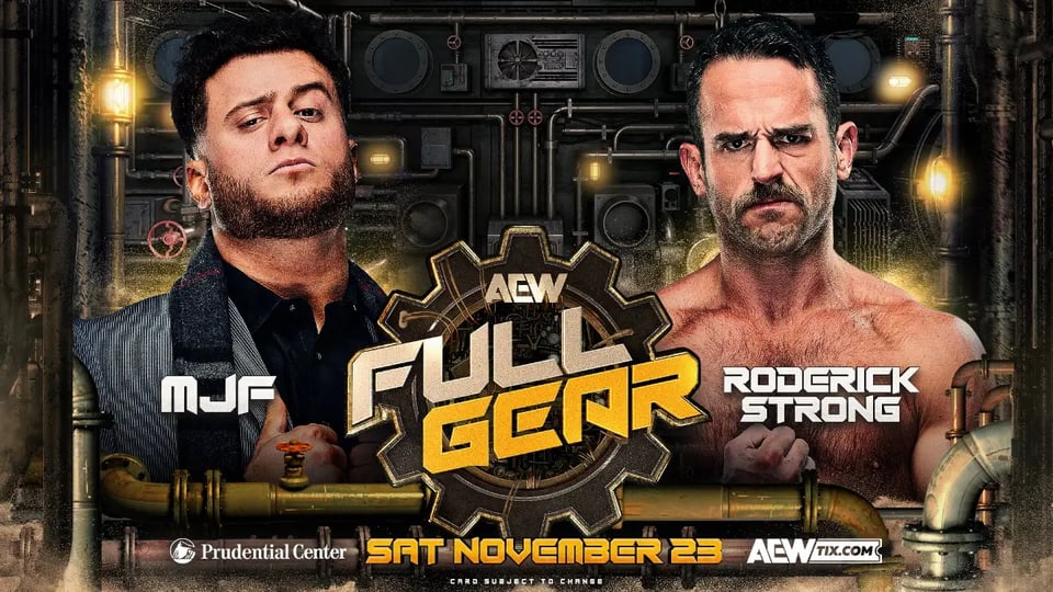 Promotional art for MJF vs. Roderick Strong at AEW's Full Gear 2024 PPV.