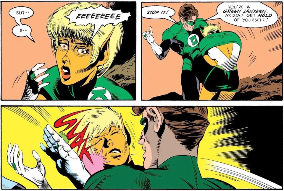 Hal Jordan/Green Lantern slapping Arisia, a GL recruit, in the face