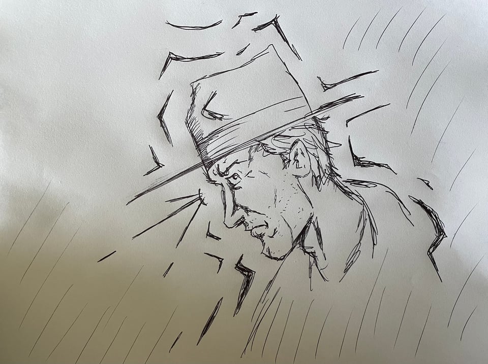 A rough sketch of a man with a hat in profile looking shocked at the next problem