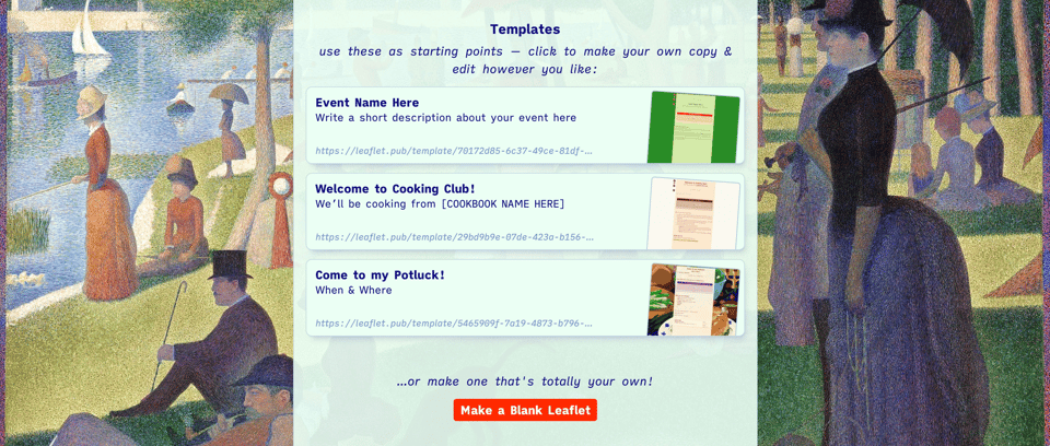 screenshot from "make events with Leaflet" landing page, showing a section with three templates and a button to "make a blank Leaflet"
