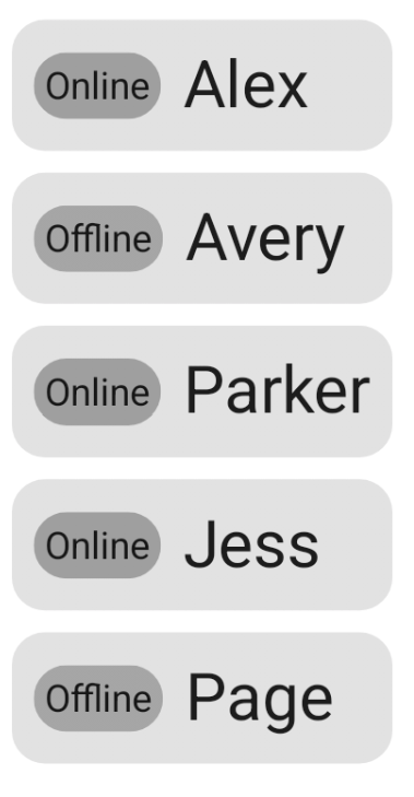The same list of users, the badge colors can't be distinguished from each other, but the texts (online/offline) do distinguish the states.