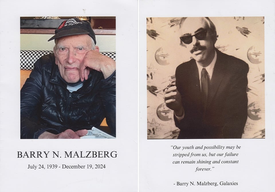 two photos of author Barry N. Malzberg from his memorial service program: left is a pic of him at a diner in old age, and right is a younger photo of him in a suit & tie, wearing sunglasses & holding a cigarette