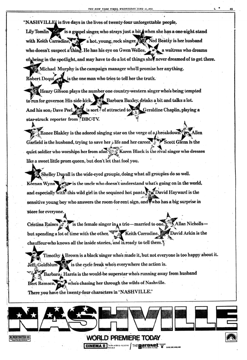 New York Times ad for opening day of "Nashville."