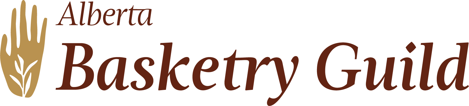 A hand in a golden tone appears on the left, with a willow sprig within its palm. To the right, the words 'Alberta Basketry Guild' appear in a serif typeface in a deep red shade.