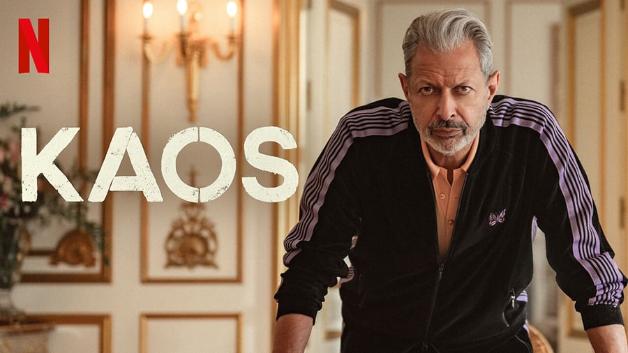 Promotional image from the Netflix series Kaos, featuring Jeff Goldblum as Zeus.