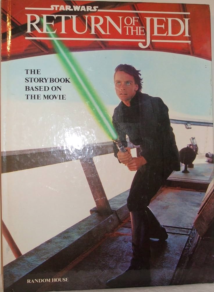 image of a star wars return of the jedi storybook from 1983 featuring luke skywalker in black armed with a green lightsaber standing on the deck of jabba the hutt's sail barge, with the movie logo at the top and the words "the storybook based on the movie" and the publisher, "random house"