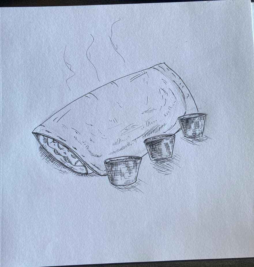 line drawing of a dosa with three small cups of chutney