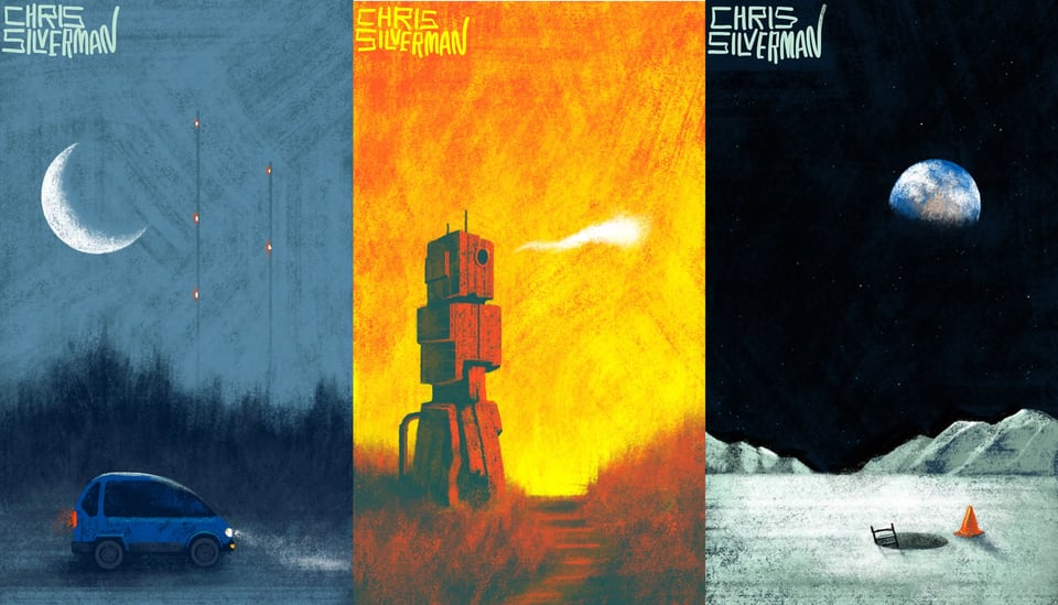 Three artworks by Chris Silverman. On the left, a blue car driving at night beneath huge crescent moon, past a moody forest and tall poles with lights. In the middle, an orange brick building that's shaped almost like a robot, surround by orange scrub brush, against an orange sky; the building/robot is emitting a puff of smoke out a window that looks like an eye, or a mouth. On the right, a drawing of the surface of the moon, with earthrise in the background, and -- incongruously -- a manhole with a yellow traffic cone next to it, and a ladder peeking out.