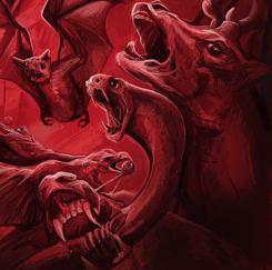 A red-tinted illustration of gnarly, slightly undead-looking rats, snakes, deer, and fanged beasts in a violent frenzy