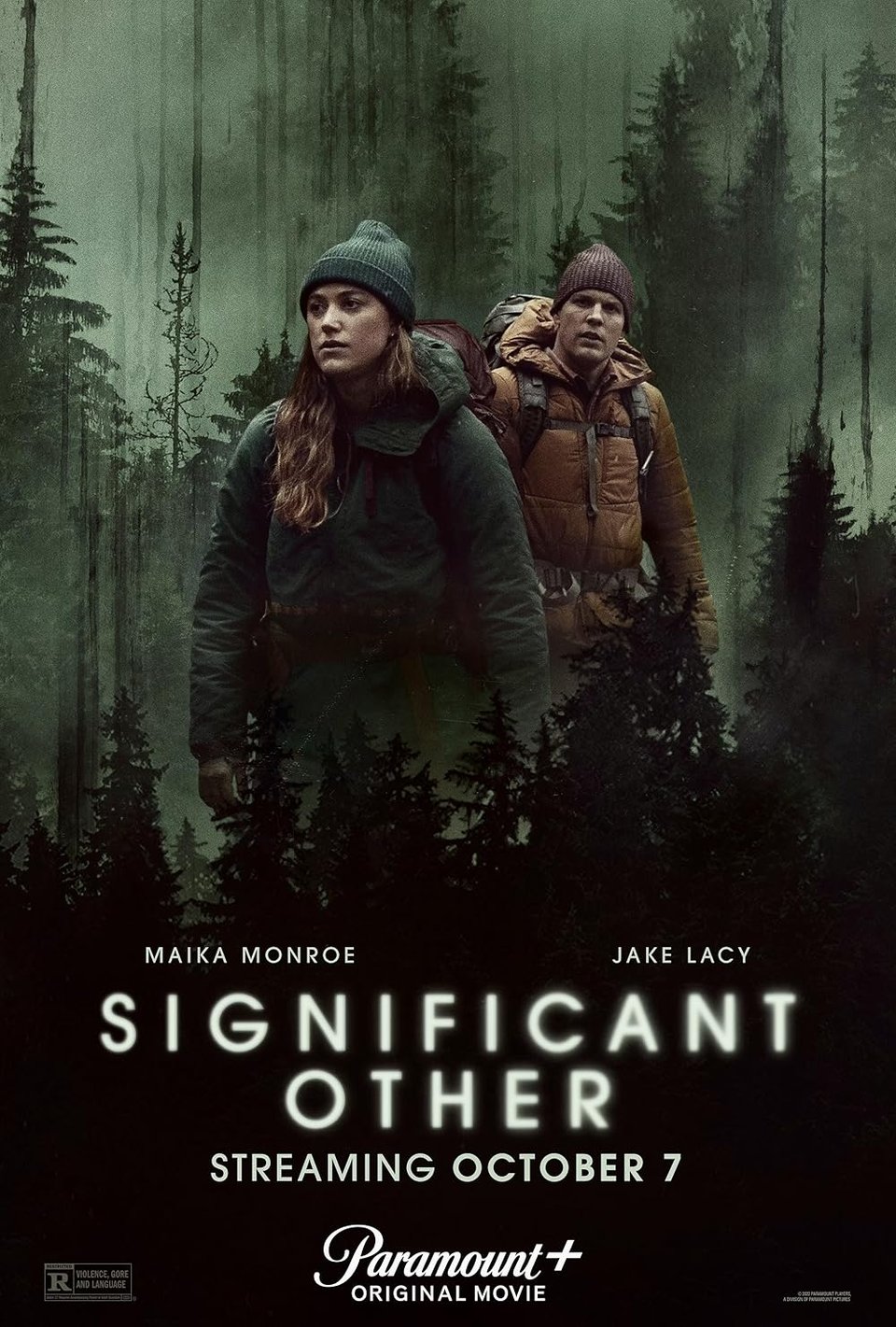 A woman with long blonde hair and a man with short brown hair, dressed in camping gear, against a greenish tinged backdrop of forest, the words "Significant Other" at the bottom of the image
