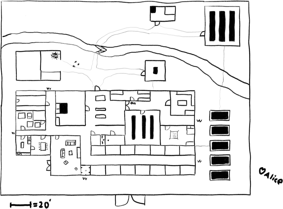 A map of a building and it's surroundings encased in fense all the way around. On the side of the map there is a heart and the name alice.