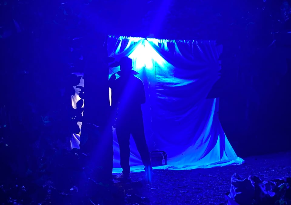 A white sheet illuminated blue in a park at night, with a person standing in front of it