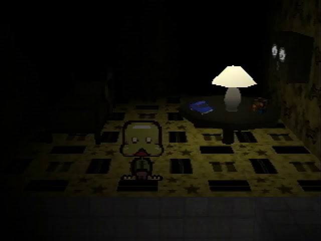 The player character in a small, dark, cramped room