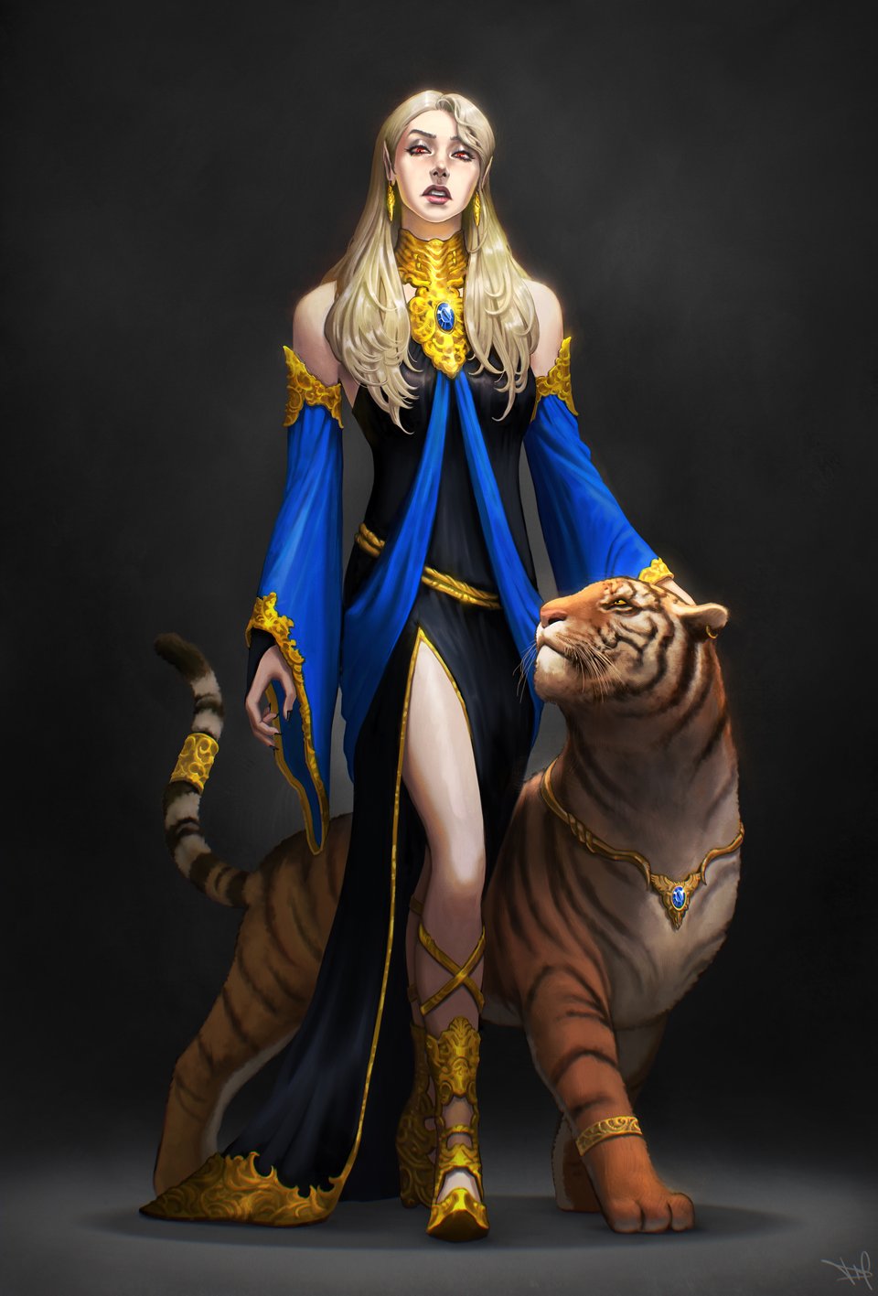 A blonde woman with red eyes in a fabulous dress with her hand on the tiger at her side.