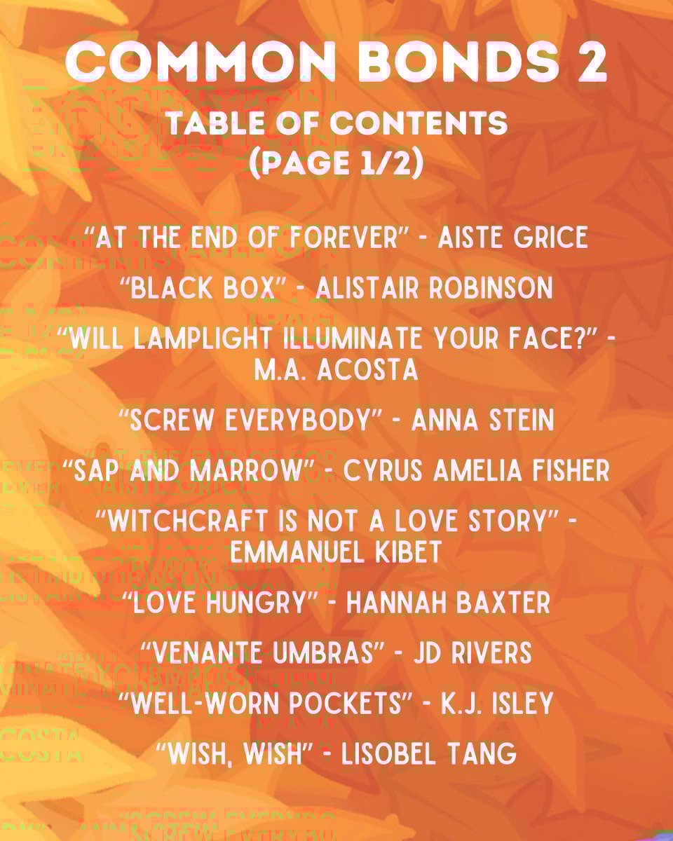 “At the end of forever” - Aiste Grice “Black Box” - Alistair Robinson “Will Lamplight Illuminate Your Face?” - M.A. Acosta “Screw Everybody” - Anna Stein “Sap and Marrow” - Cyrus Amelia Fisher “Witchcraft is Not a Love Story” - Emmanuel Kibet “Love Hungry” - Hannah Baxter “venante umbras” - JD rivers “Well-worn pockets” - K.J. Isley “Wish, Wish” - Lisobel Tang