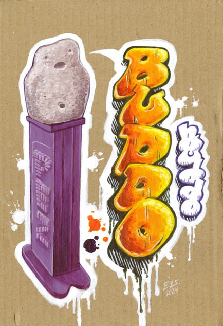 Buddo, everyone's favourite 4,900 year old stone figurine, rendered in acrylic paint on cardboard as a PEZ candy dispenser. Off to the side are two graffiti-style tags reading