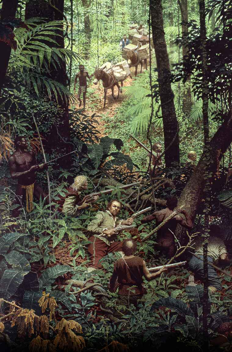 Pirates hover in the undergrowth of a jungle, about to waylay some merchants