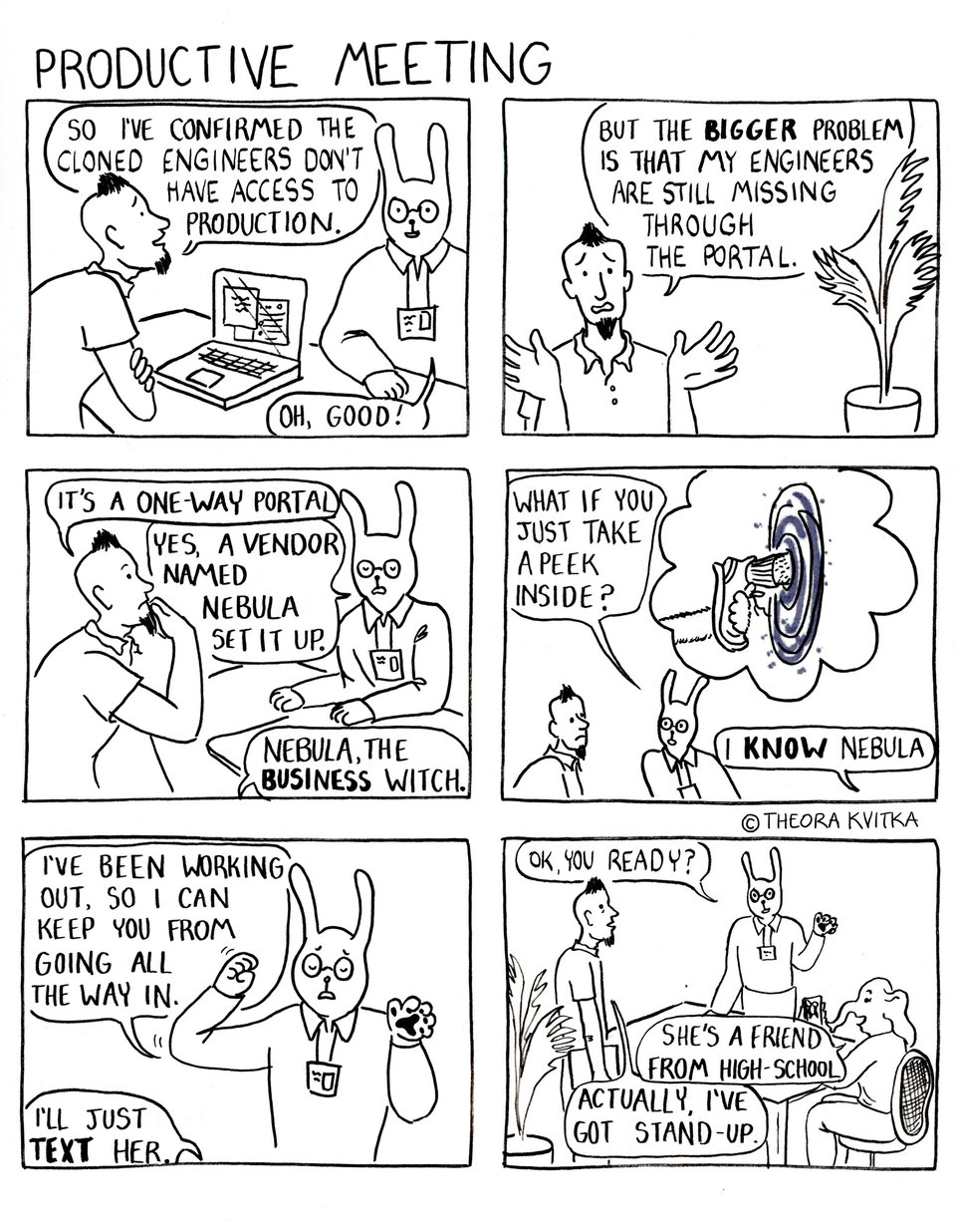 Six panel comic where Frank and Noah discuss how to get engineers back from the one-way portal to another dimension. There's a third person in the meeting who is being ignored.