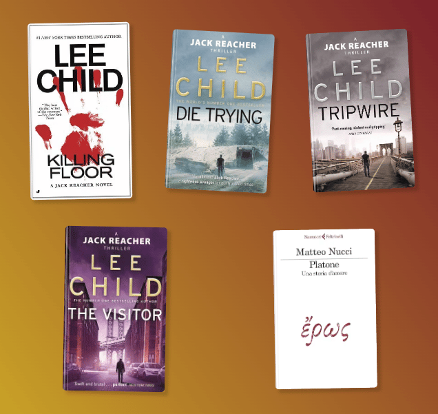 A flat lay of five paperback books arranged in two rows against an orange-to-gold gradient background: the top row shows Lee Child's Jack Reacher thrillers "Killing Floor" (white cover with a red bloodstain), "Die Trying" (pale blue snowy landscape), and "Tripwire" (grey cityscape with a bridge), while the bottom row features Lee Child's "The Visitor" (purple night street scene) and Matteo Nucci's "Platone: Una storia d'amore" (white cover with the Greek word ἔρως in red script).