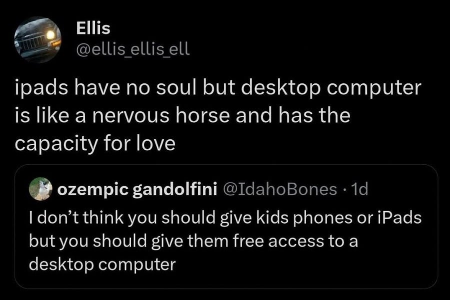 Twitter screenshot.

@IdahoBones:
I don't think you should give kids phones or iPads but you should give them free access to a desktop computer

@ellis_ellis_ell quotes to add:
ipads have no soul but desktop computer is like a nervous horse and has the capacity for love