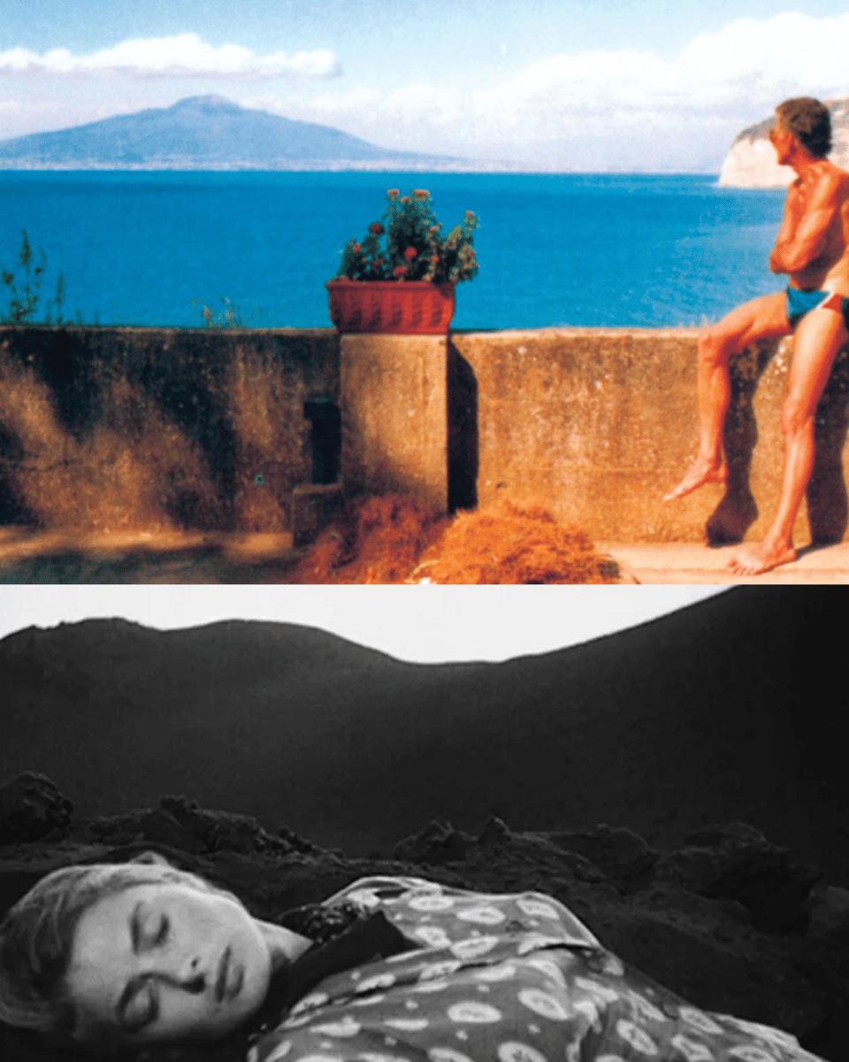 Diptych of two images: above a colour photo of a man on a low wall, looking at the sea and Vesuvius, below, a black and white movie still of a woman lying on a black volcano