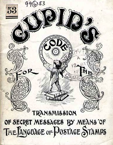 Cover of a vintage booklet titled "Cupid's Code for the Transmission of Secret Messages by Means of the Language of Postage Stamps." The cover features decorative, ornate lettering and an illustration of Cupid standing on a book, holding up a circular shield-like emblem containing the word "CODE." The design evokes an early 20th-century style, emphasizing playful secrecy and romance. It is entirely black text and images on a white background.