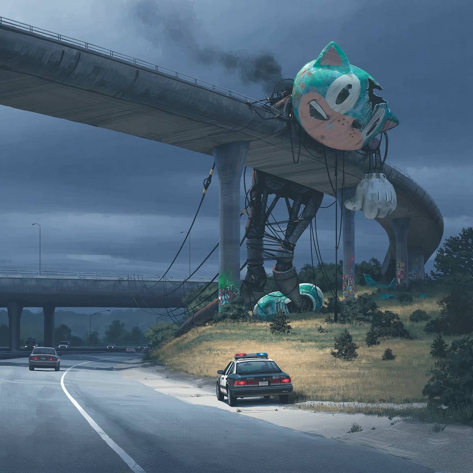 A drone lies smoking, across the interstate