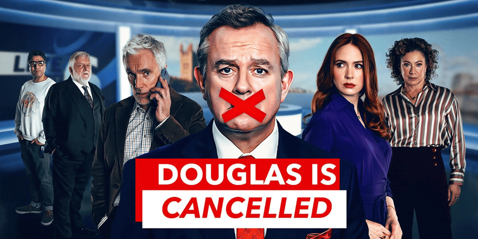 The cast of Douglas is cancelled. Douglas has a big red cross over his mouth.